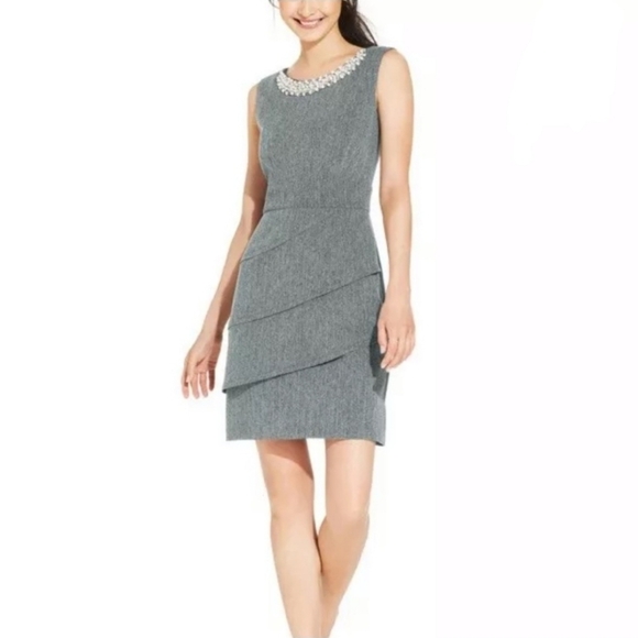 Connected Gray Pearl Neck Sleeveless Diagonal Layered Midi Dress Size 10 - Picture 1 of 11